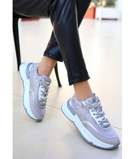 Aleh Gri Cilt Bağcıklı Spor Ayakkabı