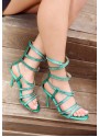 Yuray Yeşil Mavisi Saten Topuklu Ayakkabı