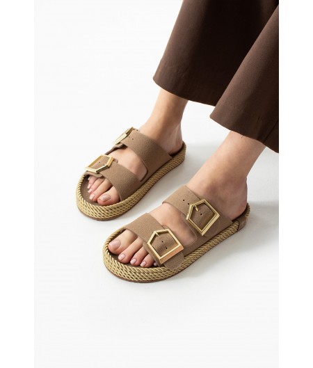 Loera Vizon Nubuk Çift Tokalı Terlik