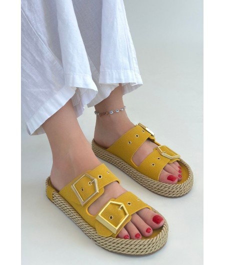 Loera Sarı Nubuk Çift Tokalı Terlik