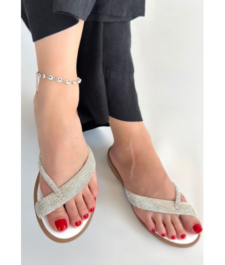 Eday Gümüş Boncuk İşlemeli Terlik