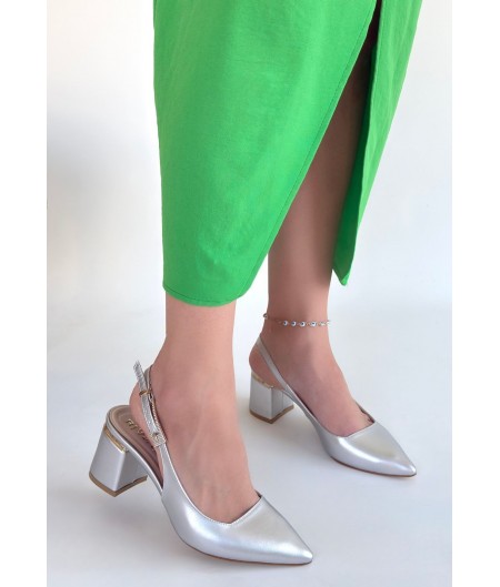Buant Gümüş Cilt Topuklu Ayakkabı