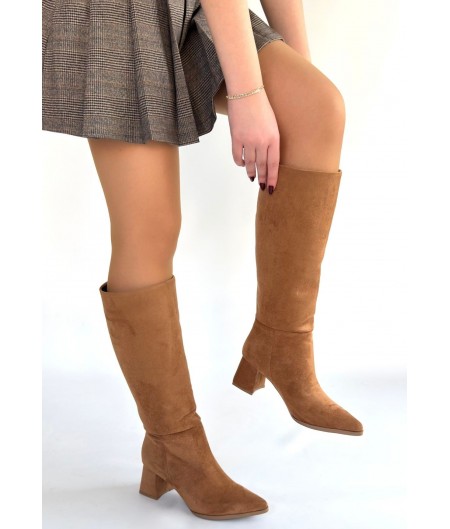 Roksa Taba Süet Topuklu Çizme