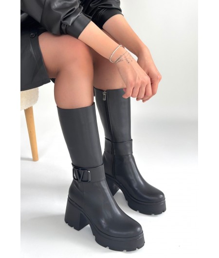 Moki Siyah Cilt Topuklu Çizme Moki Siyah Cilt Topuklu Çizme