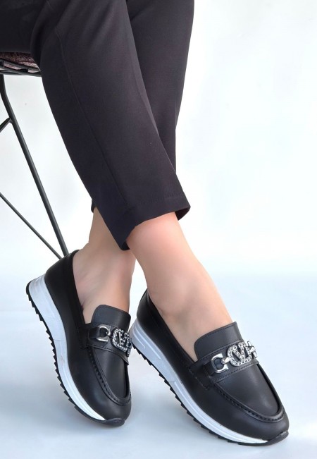 Otra Siyah Cilt Babet Ayakkabı