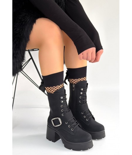 Linma Siyah Nubuk Bağcıklı Topuklu Bot