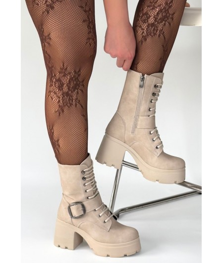 Linma Bej Nubuk Bağcıklı Topuklu Bot