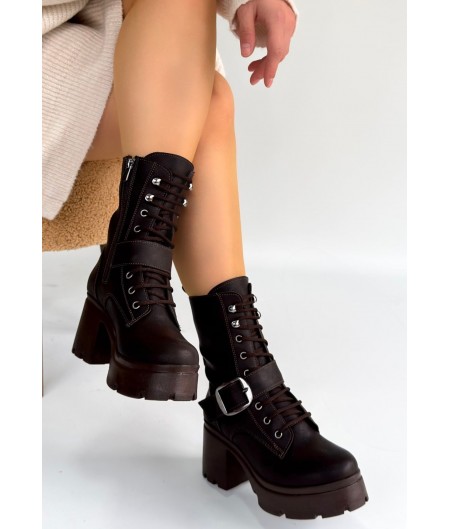 Linma Acı Kahve Cilt Bağcıklı Topuklu Bot