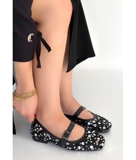 Zaty Siyah Süet Gümüş Pullu Babet Ayakkabı