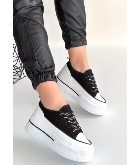 Dalen Siyah Keten Bağcıklı Spor Ayakkabı