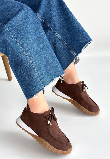 Sier Kahverengi Süet Bağcıklı Spor Ayakkabı