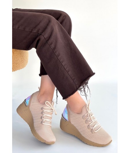 Weor Bej Triko Bağcıklı Spor Ayakkabı