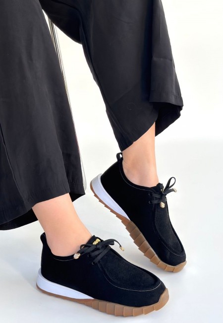 Sier Siyah Süet Bağcıklı Spor Ayakkabı