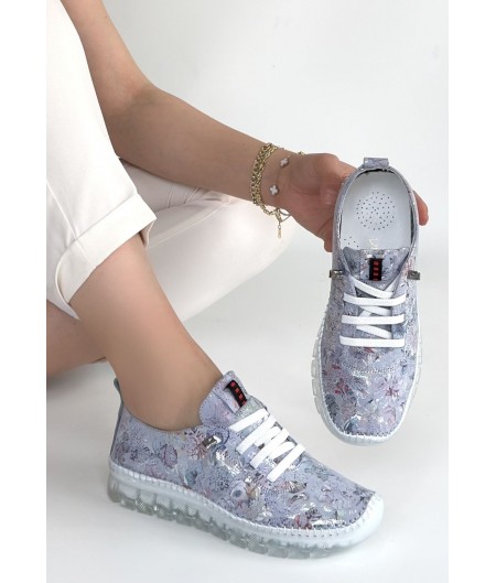 Kinte Lila Desenli Deri Bağcıklı Spor Ayakkabı