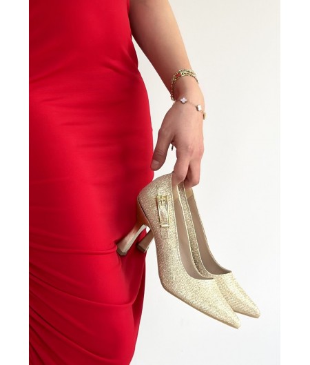 Cerin Gold Saten Simli Topuklu Ayakkabı