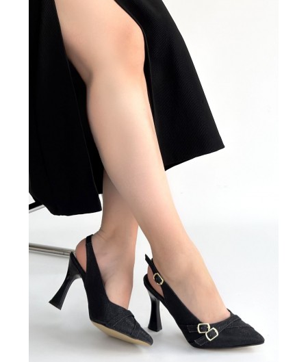 Jedda Siyah Simli Cilt Topuklu Ayakkabı