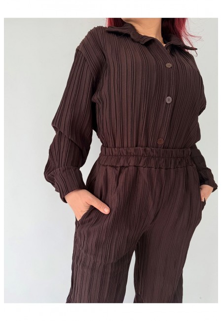 Pliseli Kahverengi Gömlekli İkili Takım