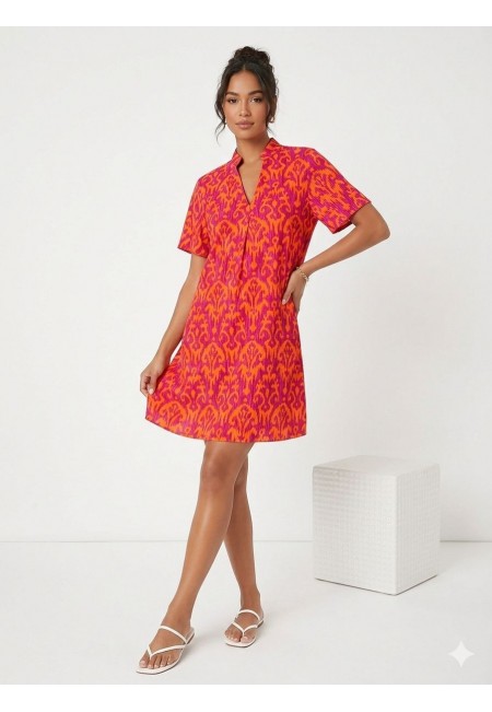 Wejan Pembe Turuncu Desenli Elbise