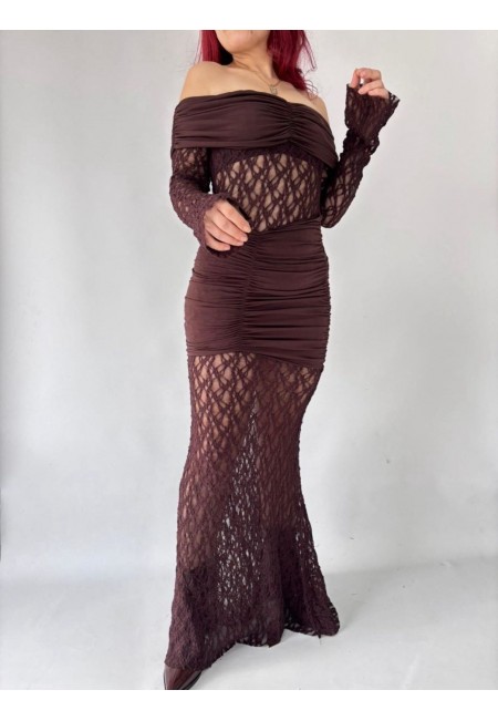 Isso Kahverengi Dantelli Boydan Elbise