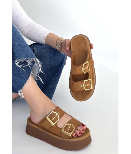 Coer Taba Süet Çift Tokalı Terlik