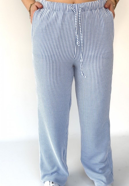 Gijja Mavi Çizgili Beli Lastikli Bol Paça Pantolon