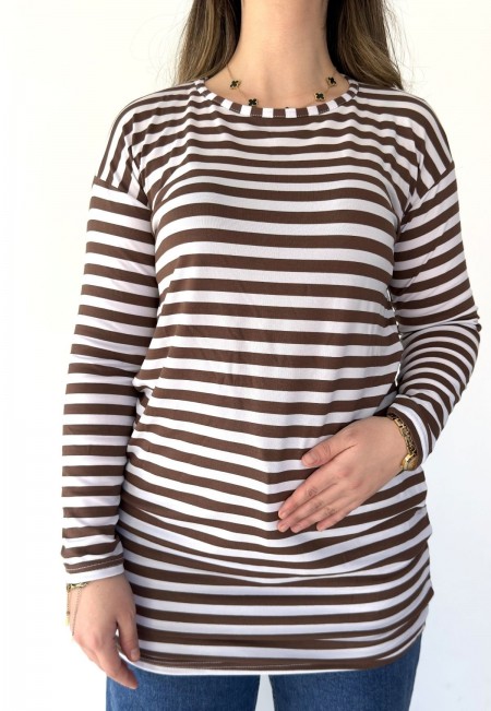 Hece Kahverengi Beyaz Kollu Tişort