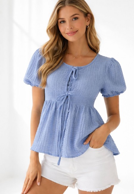 Essor Mavi Kısa Kollu Önü Bağlı Tişort