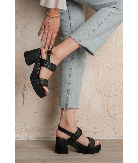 Wowi Siyah Cilt Baskılı Topuklu Sandalet