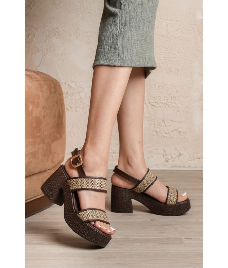 Wowi Kahverengi Cilt Baskılı Topuklu Sandalet