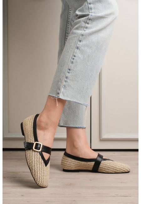 Ponti Siyah Cilt Hasır Detaylı Babet Ayakkabı