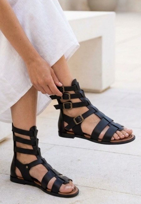 Nola Siyah Deri Kemerli Sandalet