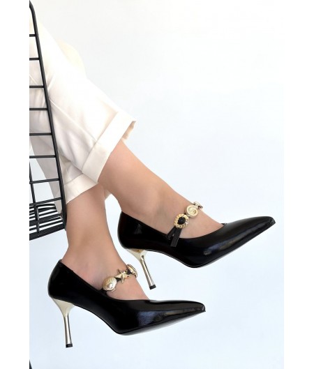 Conne Siyah Cilt Stiletto Ayakkabı