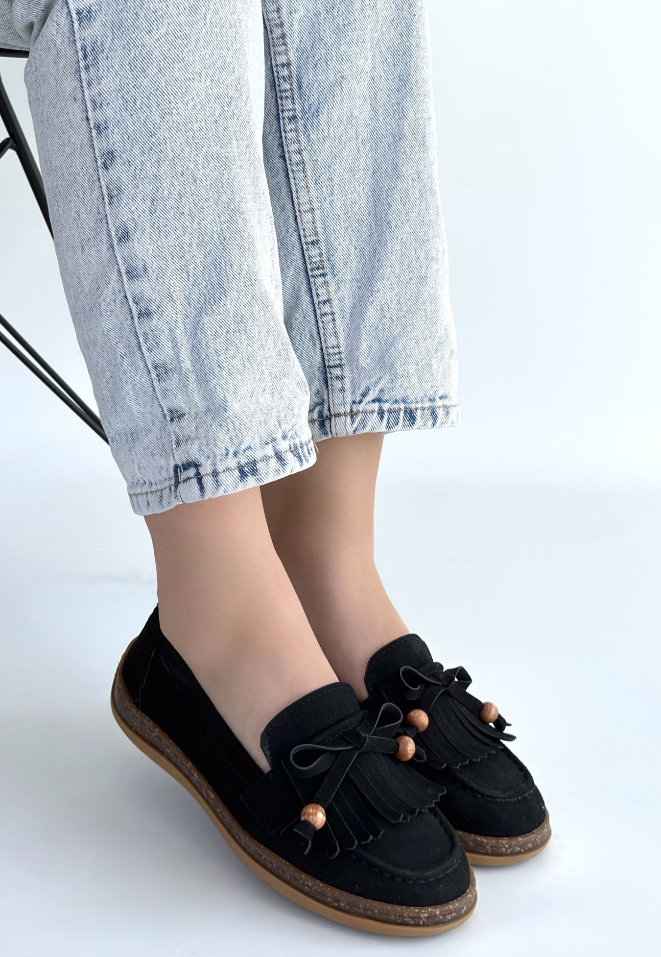 Boriy Siyah Deri Tozu Süet Babet Ayakkabı