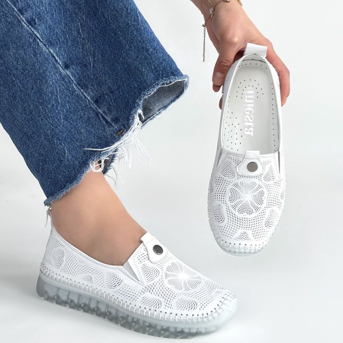 Rinna Beyaz Hakiki Deri Ortopedik Spor Ayakkabı, Kadın