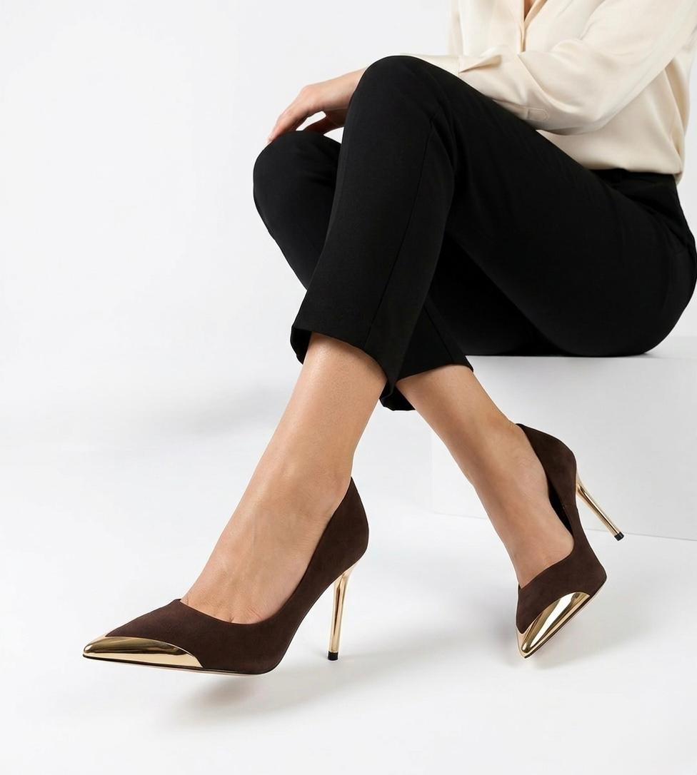 Alis Kahverengi Saten Stiletto Ayakkabı Gold Topuklu 10 cm