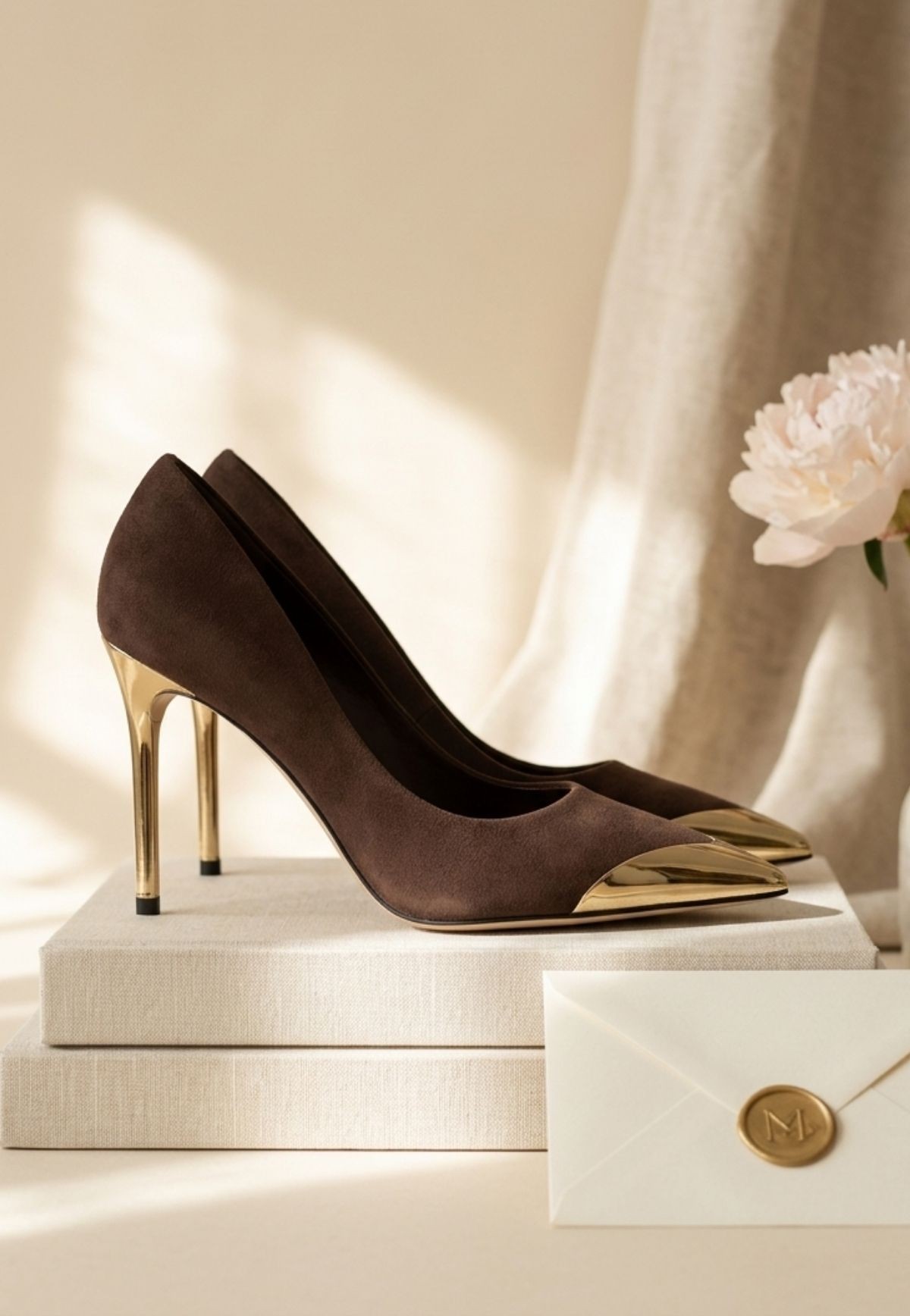 Alis Kahverengi Saten Stiletto Ayakkabı Gold Topuklu 10 cm