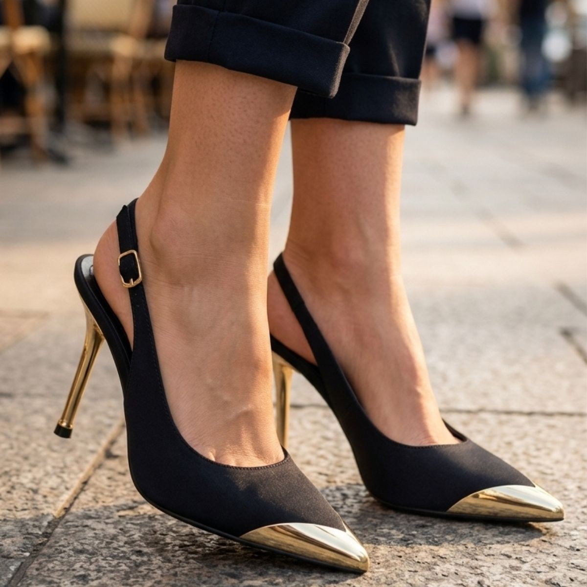 Puen Siyah Saten Stiletto Ayakkabı Garneviz Gold Topuklu